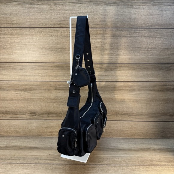 Nunoo Sally Black Nylon Shoulder Bag Purse‎ Grunge Gothic Moto Biker - Picture 7 of 12